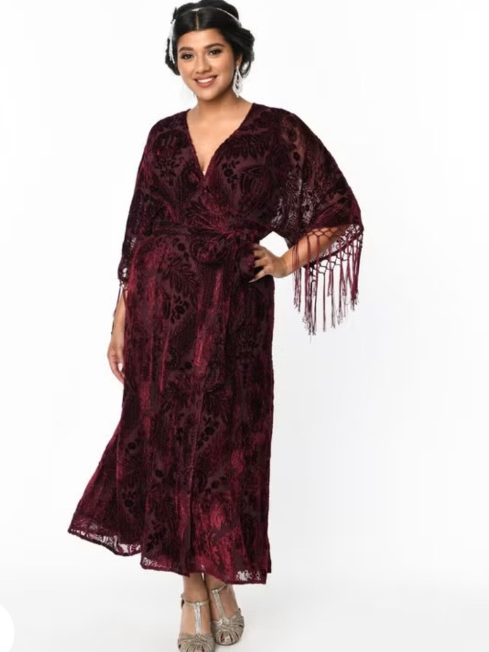 Unique Vintage Burgundy Velvet Floral Burnout Wrap Midi Dress 16 1X